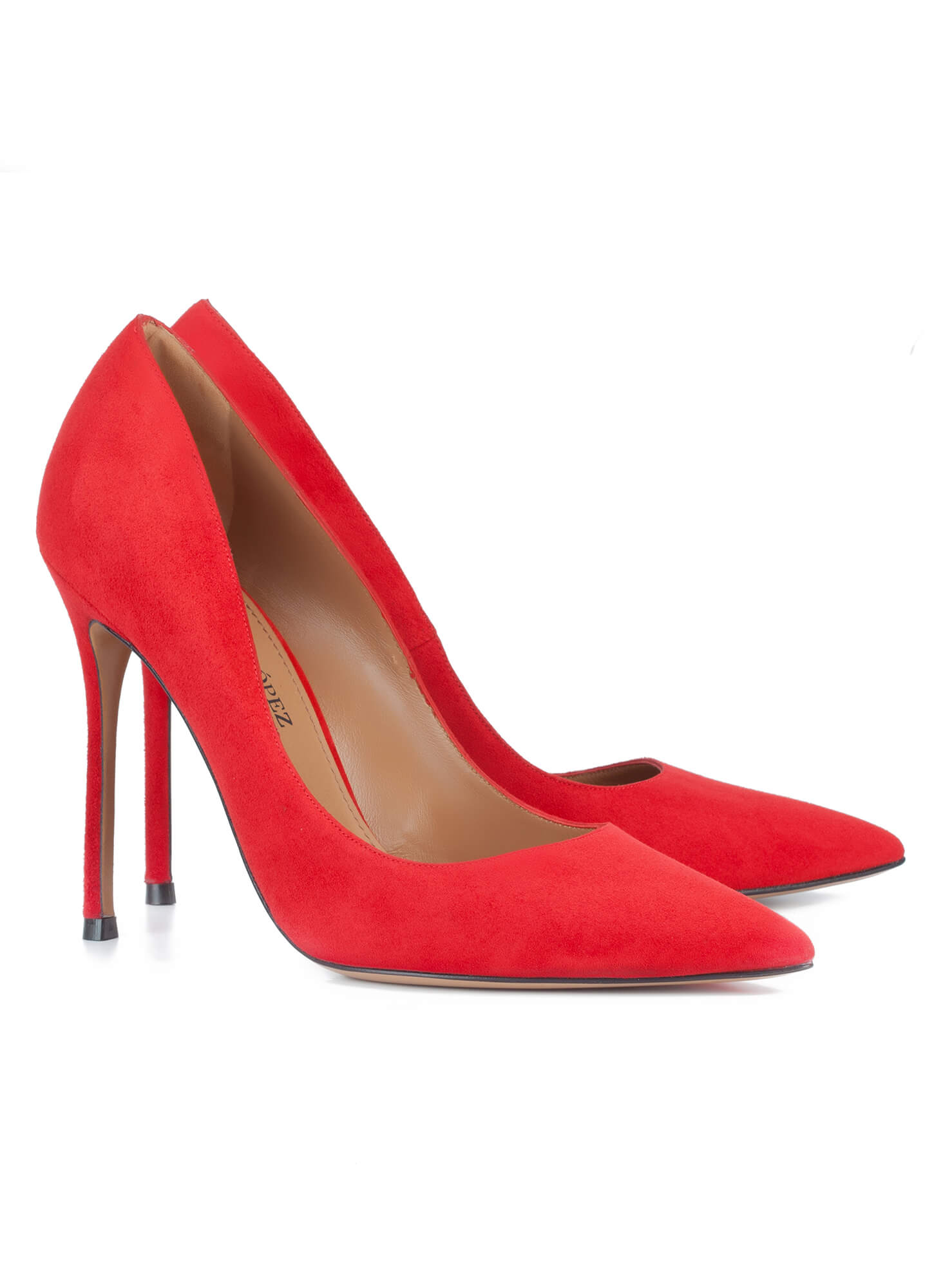 Red suede point-toe stiletto heel pumps . PURA LOPEZ