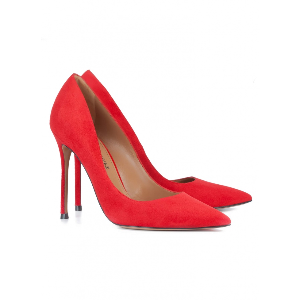 Red suede point-toe stiletto heel pumps . PURA LOPEZ