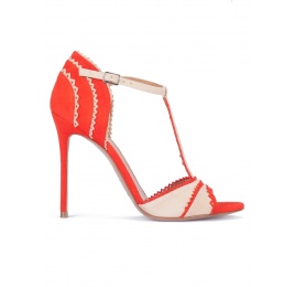 Red and sand suede heeled sandals with T-bar Pura López