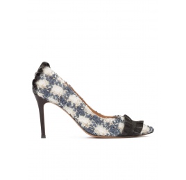 Checked fabric ruffled pointy toe heeled pumps Pura López
