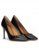 Black leather stiletto heel point-toe pumps