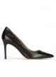 Black leather stiletto heel point-toe pumps