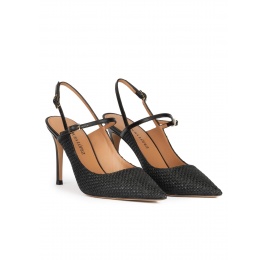 Slingback high heel point-toe pumps in black raffia Pura López