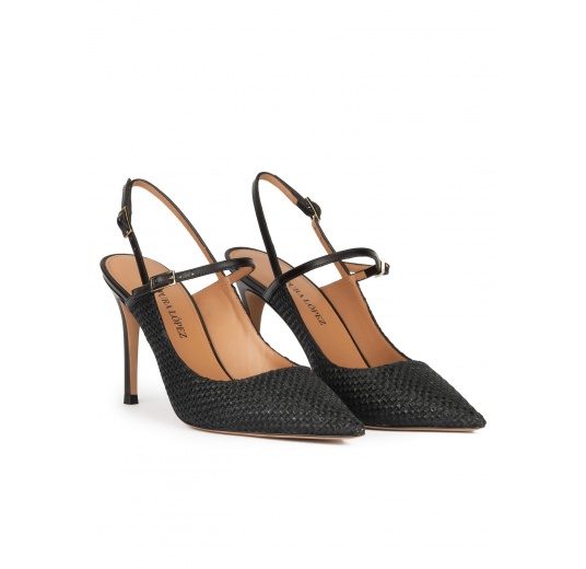 Slingback high heel point-toe pumps in black raffia Pura López