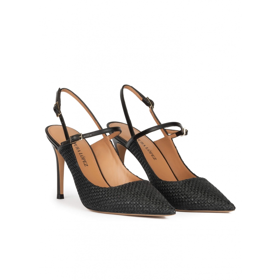 Slingback high heel point-toe pumps in black raffia