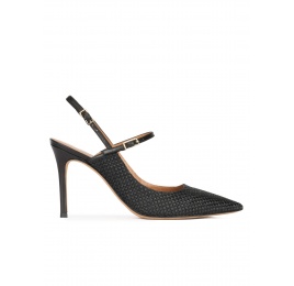 Slingback high heel point-toe pumps in black raffia Pura López