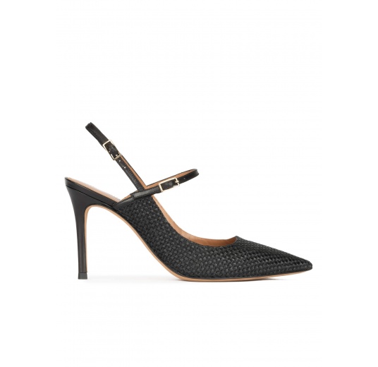 Slingback high heel point-toe pumps in black raffia Pura López