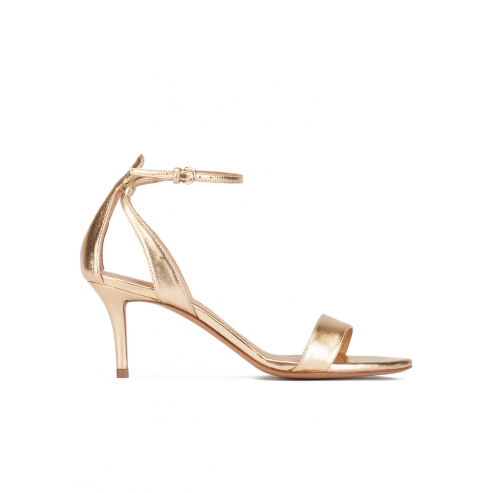 Ankle strap mid stiletto heel sandals in gold metallic leather