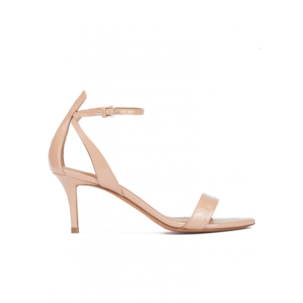 Ankle strap mid stiletto heel sandals in nude patent leather