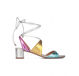 Lace-up mid block heel sandals in metallic leather Pura López