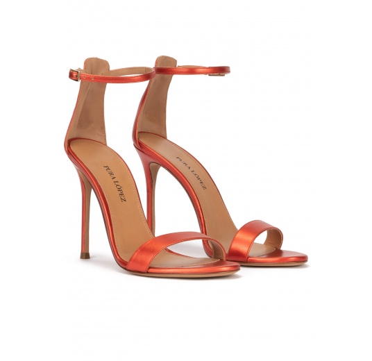 High heel sandals in coral pink metallic leather Pura López