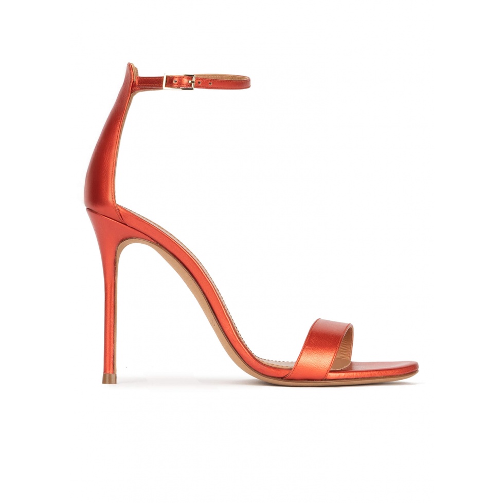 High heel sandals in coral pink metallic leather