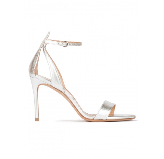 Silver ankle strap high heel sandals with minimialist design Pura López