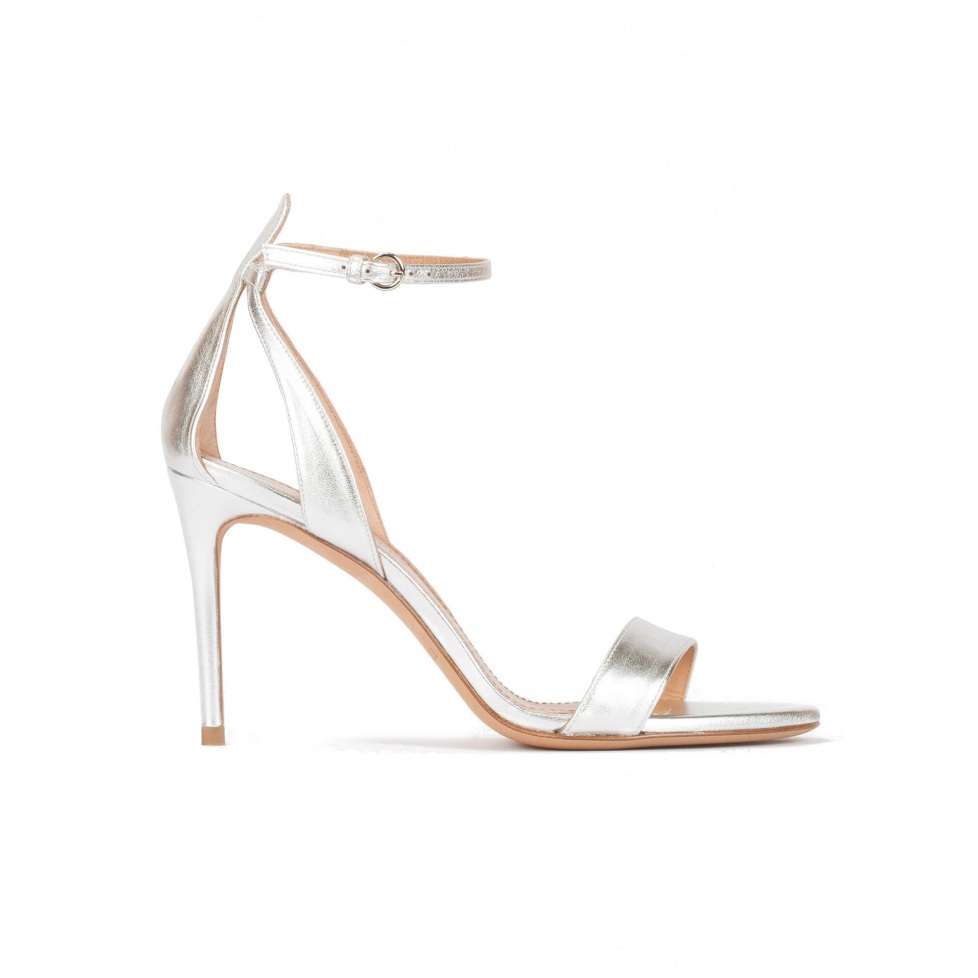 Silver ankle strap high heel sandals with minimialist design