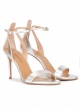Silver ankle strap high heel sandal with minimialist design