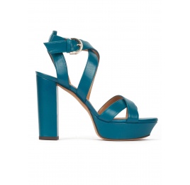 Strappy platform high block heel sandals in petrol blue leather Pura López