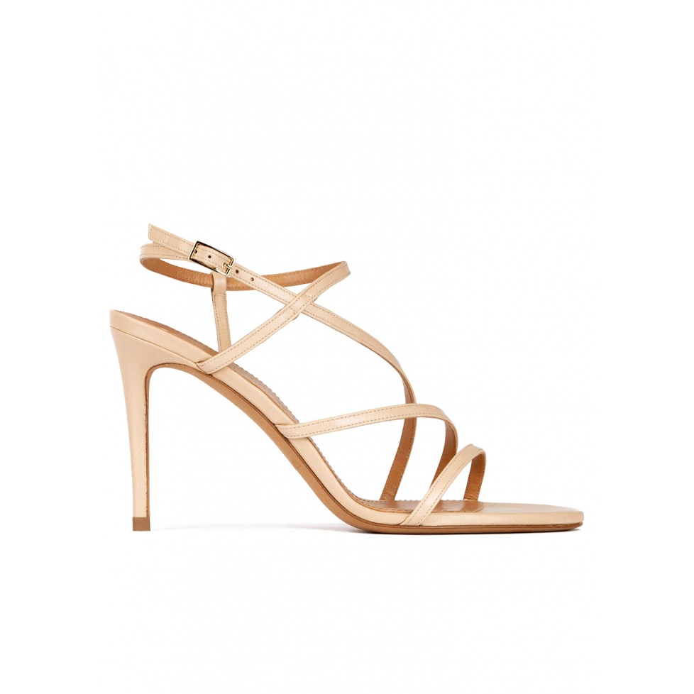 Strappy high-heeled sandals in beige leather