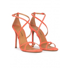 Crossed-strap high heel sandals in coral suede Pura López
