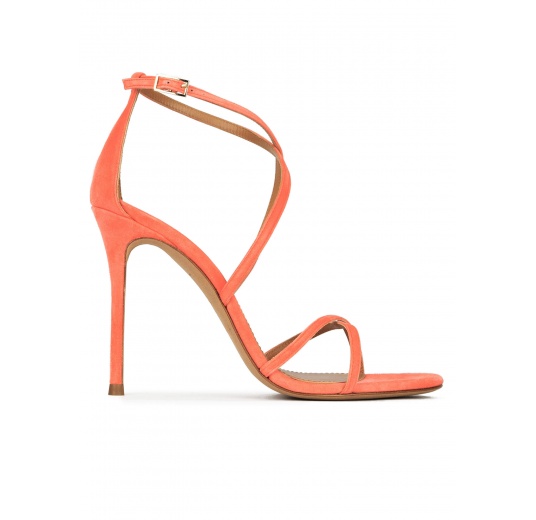 Crossed-strap high heel sandals in coral suede Pura López