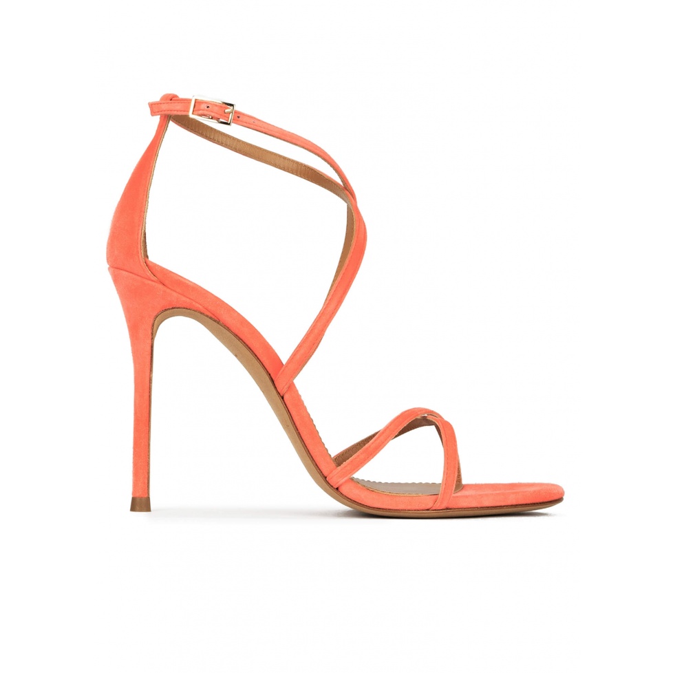 Crossed-strap high heel sandals in coral suede