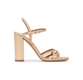 Strappy high block heel sandals in beige leather Pura López