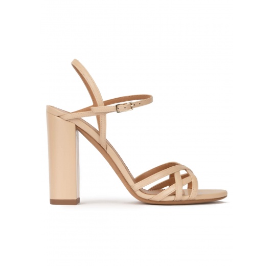 Strappy high block heel sandals in beige leather Pura López