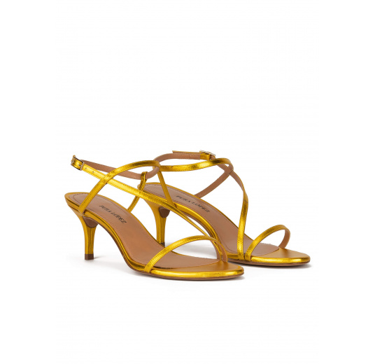 Strappy mid-heeled sandals in yellow metallic leather Pura López