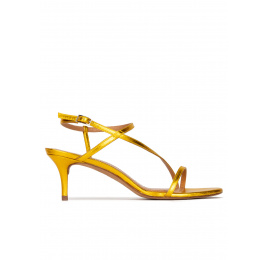 Strappy mid-heeled sandals in yellow metallic leather Pura López