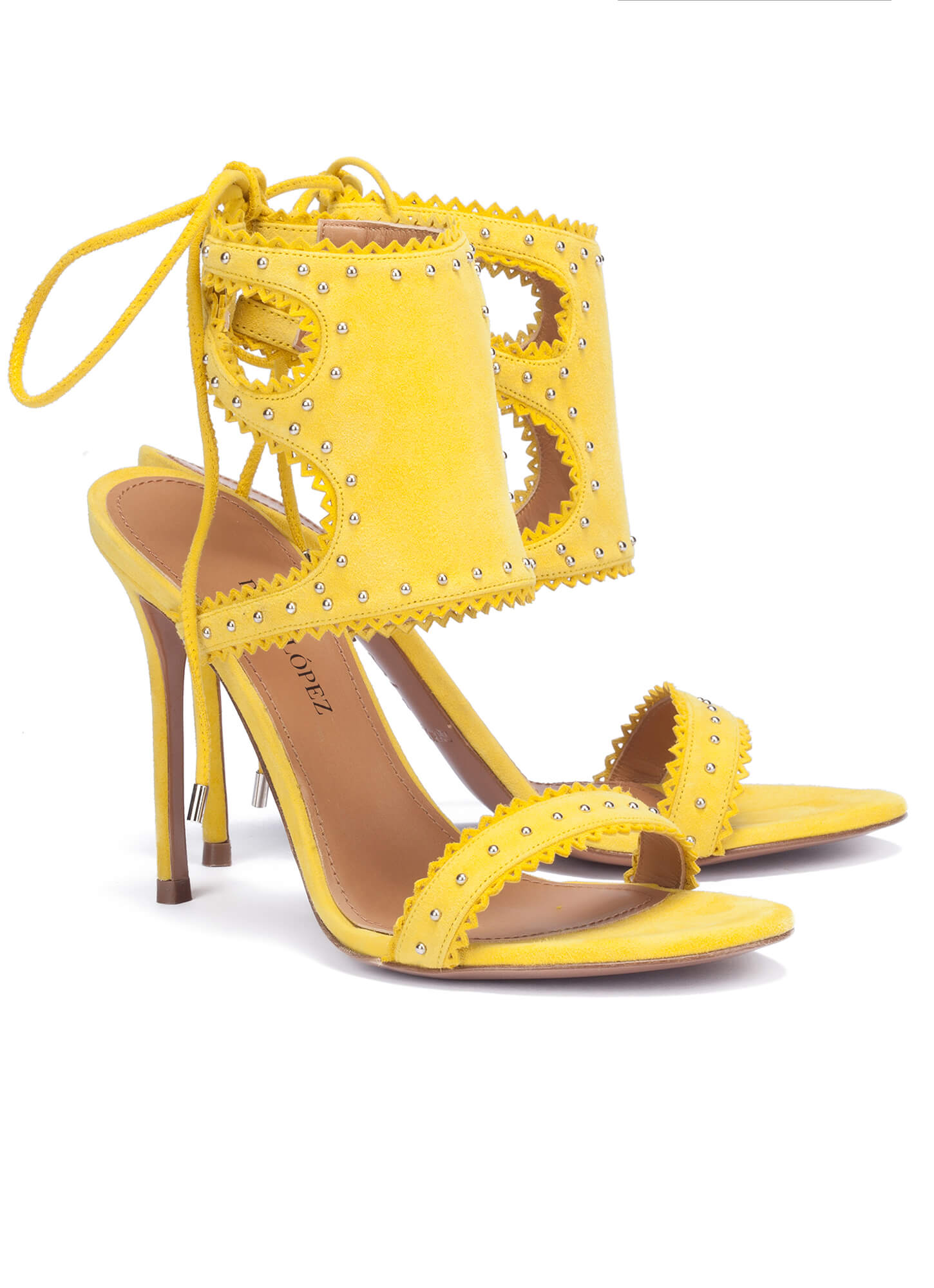 Laceup heel sandals in yellow suede online shoe store Pura Lopez