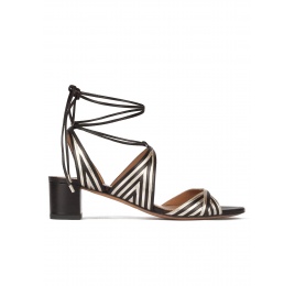 Strappy mid block heel sandals in gold an black leather Pura López