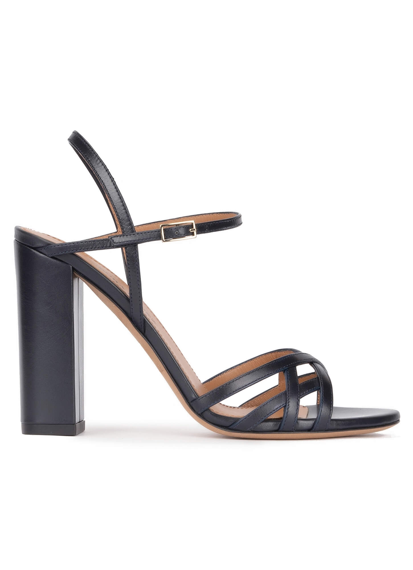 Ankle Strap High Block Heel Sandals In Navy Blue Leather Pura Lopez