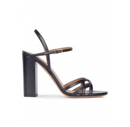 Ankle strap high block heel sandals in navy blue leather Pura López