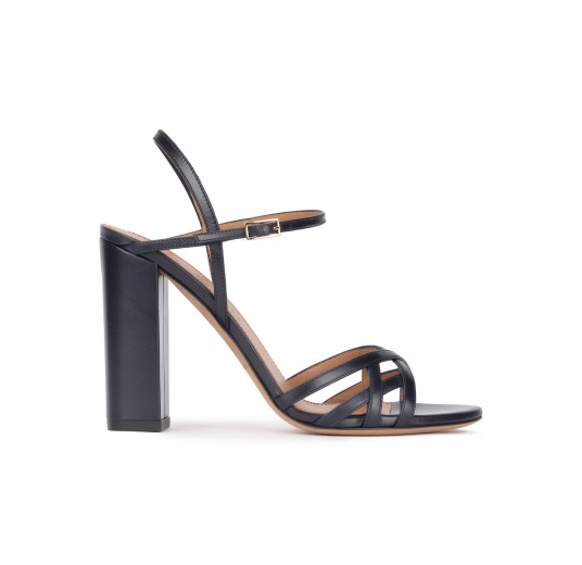 Ankle strap high block heel sandals in navy blue leather Pura López