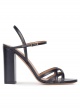 Ankle strap high block heel sandals in navy blue leather