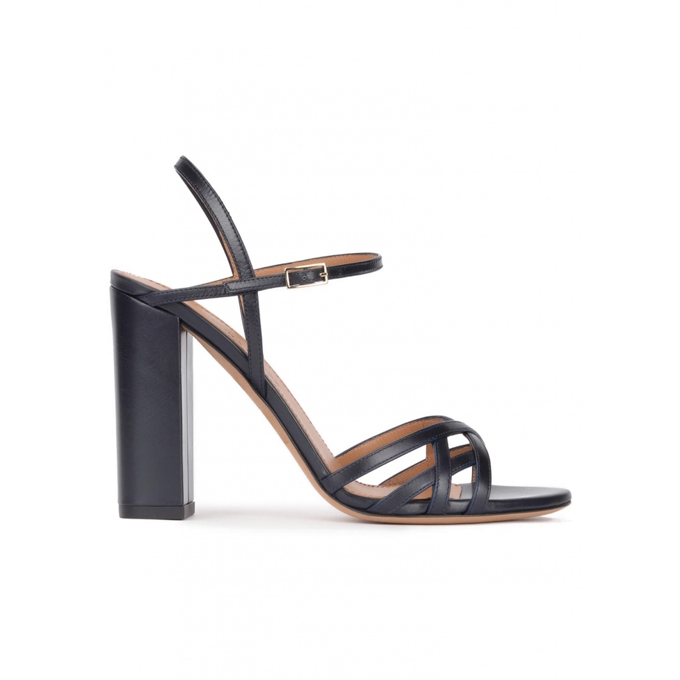 Ankle strap high block heel sandals in navy blue leather