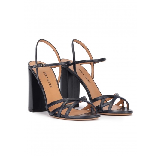 Ankle strap high block heel sandals in navy blue leather Pura López