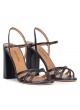 Ankle strap high block heel sandals in navy blue leather