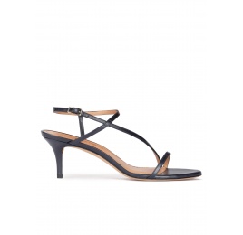 Strappy mid heel sandals in navy blue leather Pura López