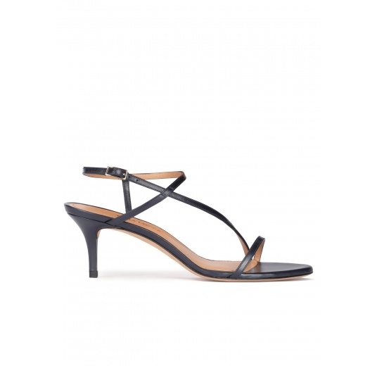 Strappy mid heel sandals in navy blue leather Pura López