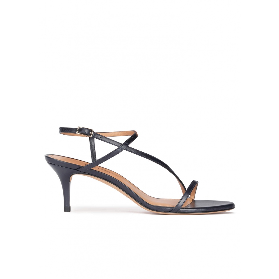 Strappy mid heel sandals in navy blue leather