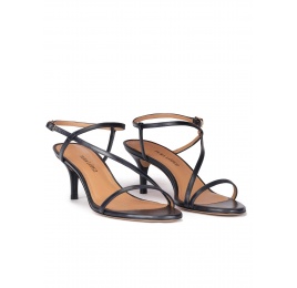 Strappy mid heel sandals in navy blue leather Pura López