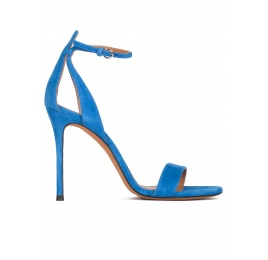 Ankle strap high heel sandals in royal blue suede Pura López