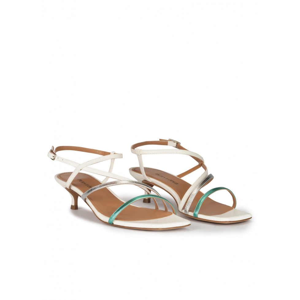 Strappy mid heeled sandal in multicoloured metallic leather