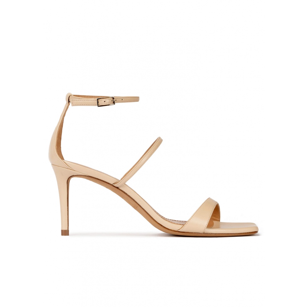 Beige leather squared-off toe mid heel sandals