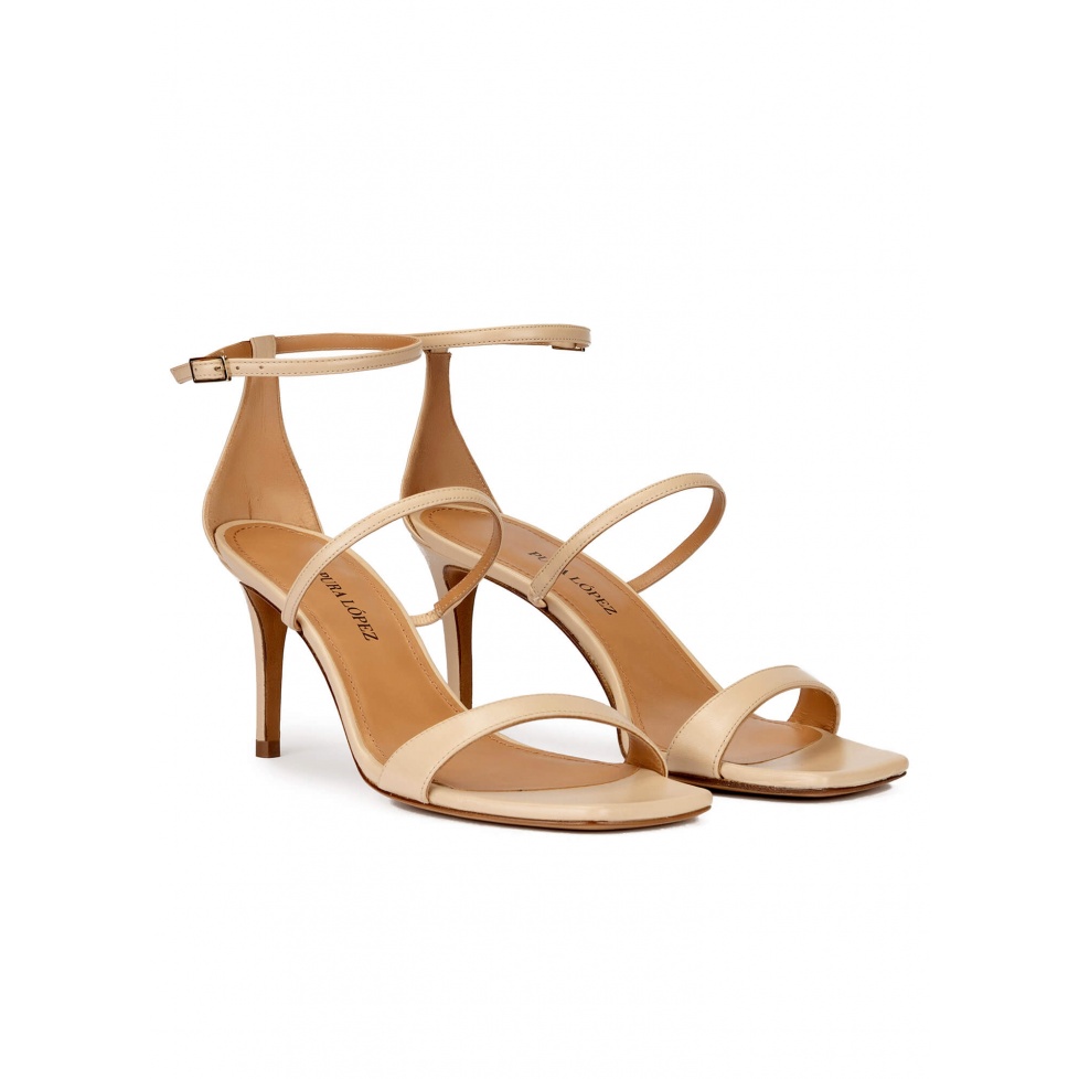 Beige leather squared-off toe mid heel sandals
