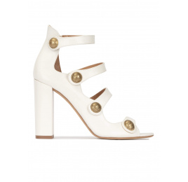 Off-white strappy high block heel sandals in leather Pura López