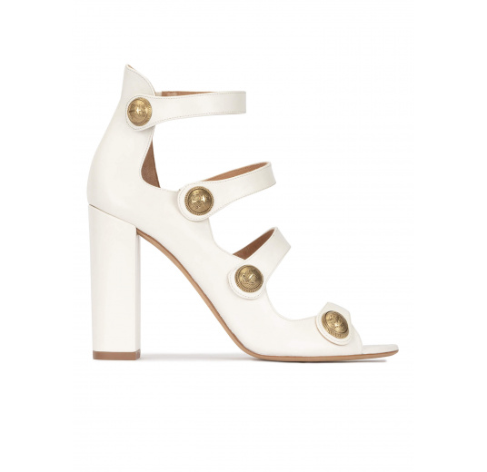 Off-white strappy high block heel sandals in leather Pura López