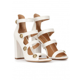 Off-white strappy high block heel sandals in leather Pura López