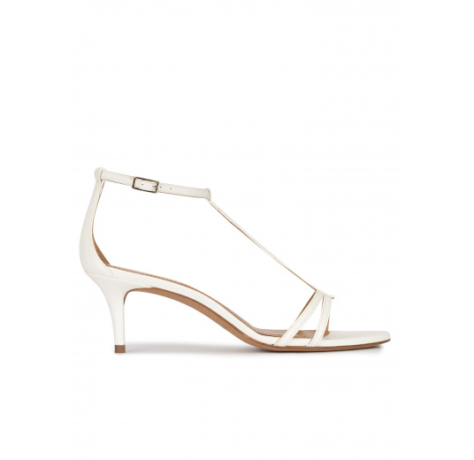 Ankle strap mid heel sandals in off-white leather Pura López