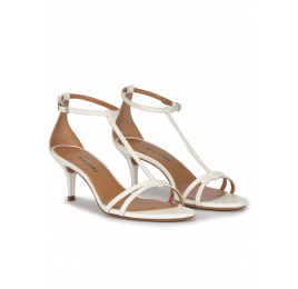 Ankle strap mid heel sandals in off-white leather Pura López